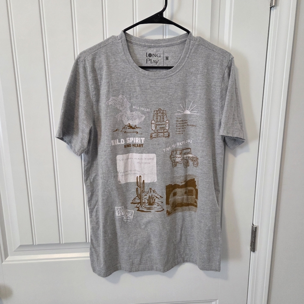 Vintage Long Play Outdoor Themed T SHIRT Heather Grey Sz Medium